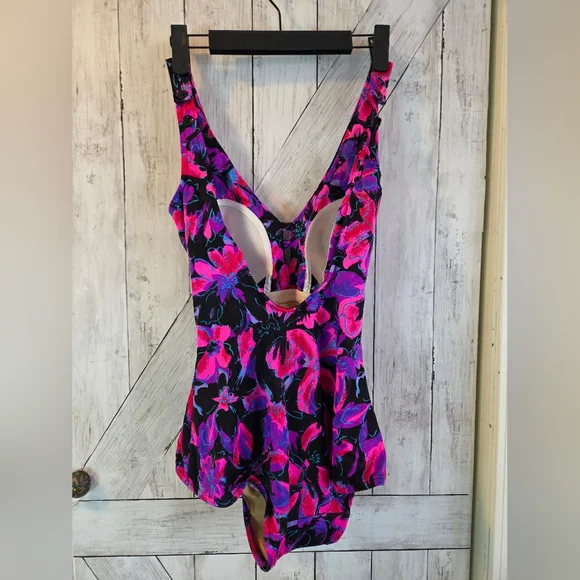 Maxine of Hollywood Black One-Piece with Pink & Purple Floral Print - Picture 8 of 8